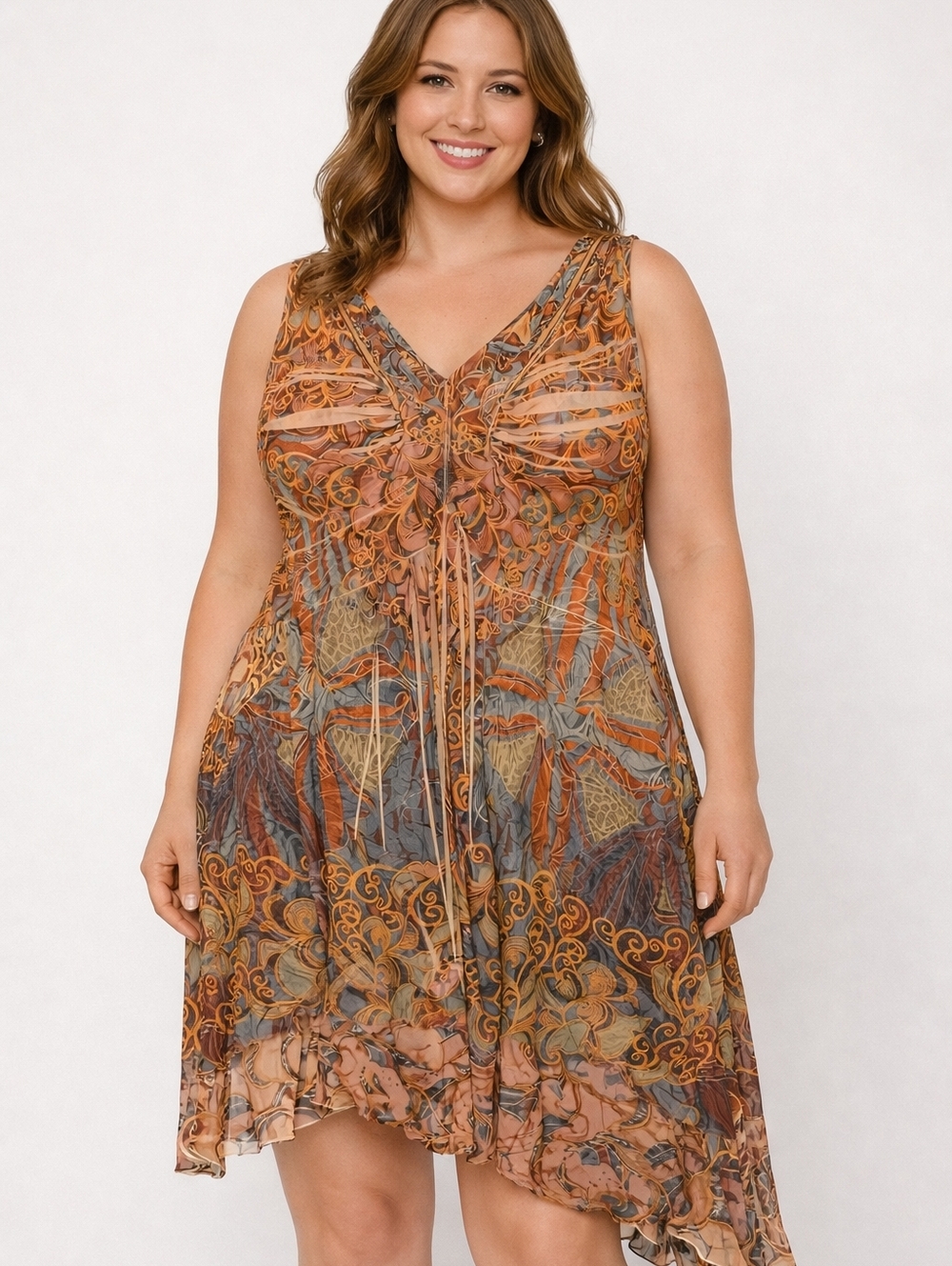 Apt. 9 Asymmetrical Sleeveless Dress in Orange and Brown Paisley Print